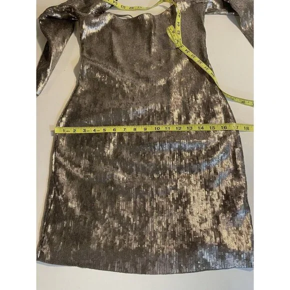 Express Dress Women Size Small Petite Pewter Bronze Sequins Mini Long Sleeve - Picture 11 of 11